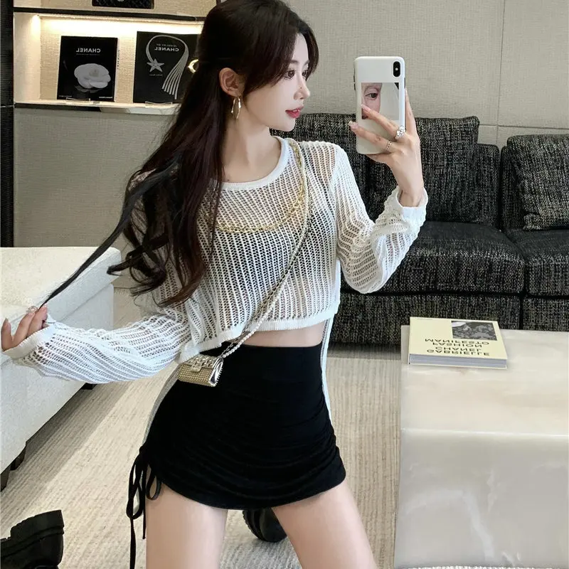 

Irregular Lace Blouse for Women, Crochet Knit Tops, Long Sleeve, Hollow Out, Solid Color, High Low Top,