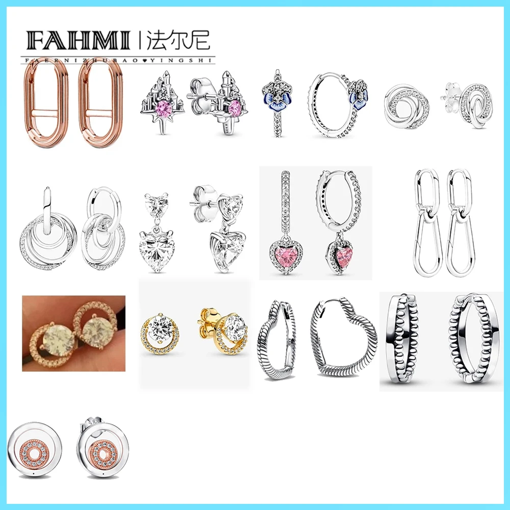 Fahmi 100% 925 Sterling Silver Castle Star Unswerving Family Ring Double Heart Sparkling Blue Pansy Flower Hoop Earring