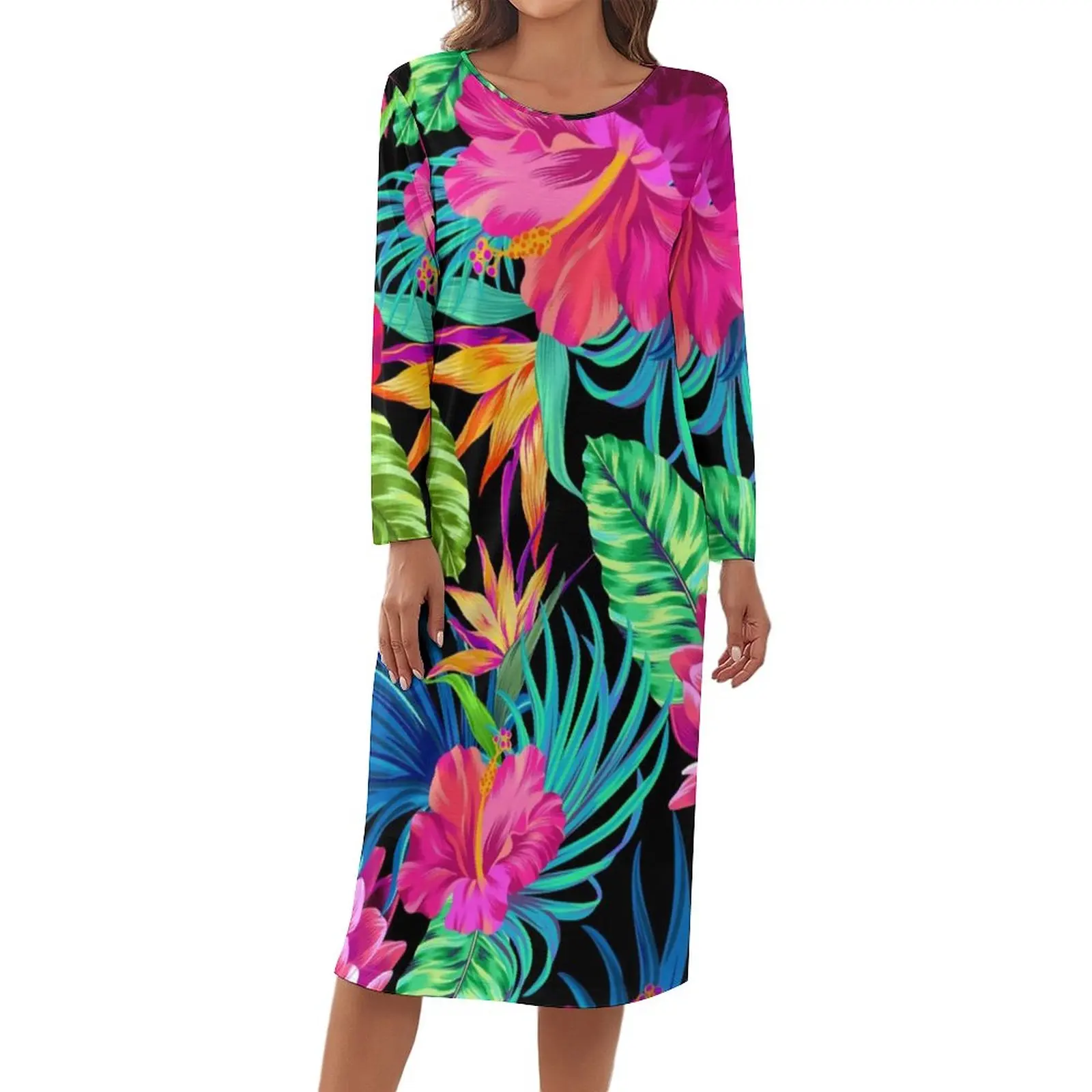 

Tropical Floral Pajamas Female Green Leaf Drive You Mad Hibiscus Comfortable Dresses Lovely Sleepwear O Neck Printed Pajama