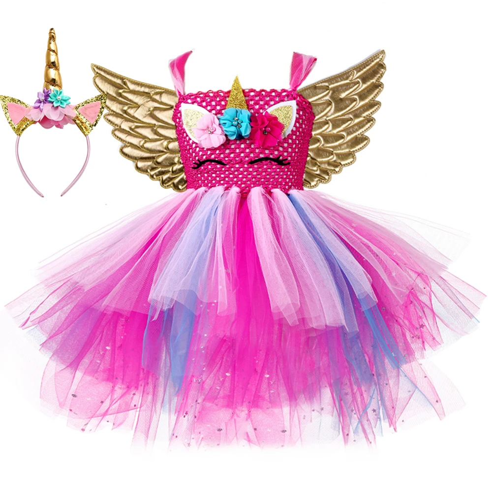

Rainbow Unicorn Costume Girls Princess Dress Up Clothes Summer Tutu Dresses With Flowers Kids Girl Unicorn Birthday Party Gifts