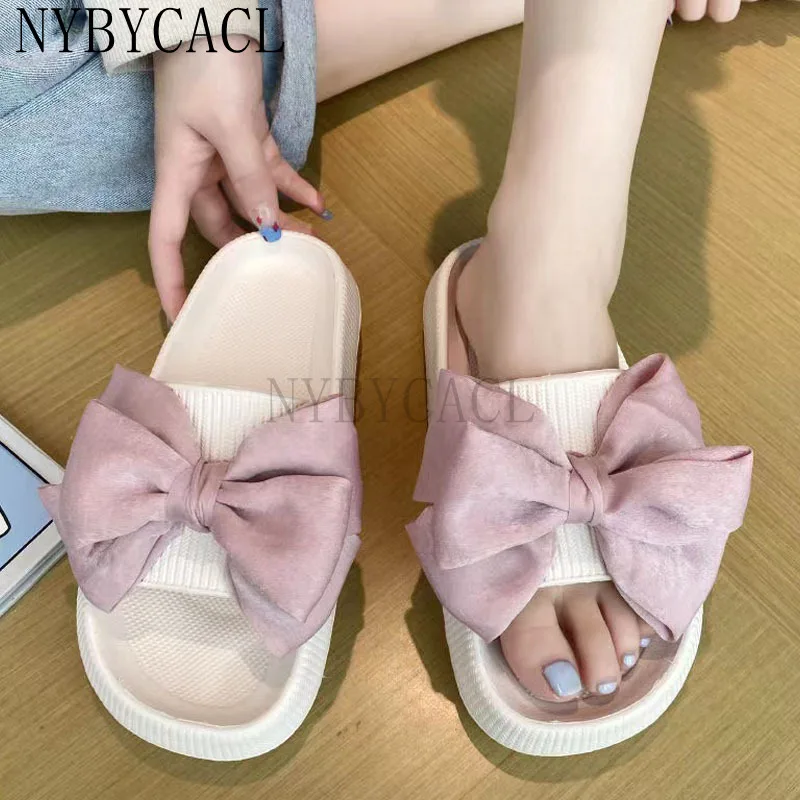 

2023 New Bow Tie Slippers Women Summer Thick Indoor Home Sandals Bathroom Slides Non-slip Soft House Slippers Femme Beach Slippe