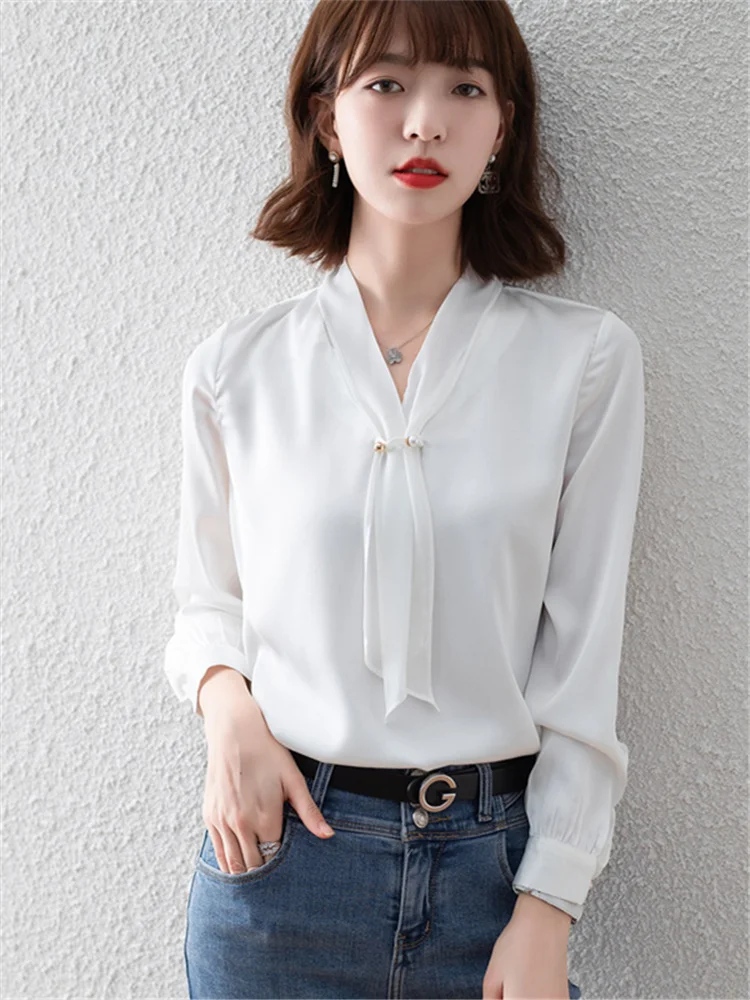 

H.sa 2022 Fashion Long-sleeved White Chiffon Shirt Ladies Solid Temperament With Bow Sweet Style Vintage Female Blusas Uniform