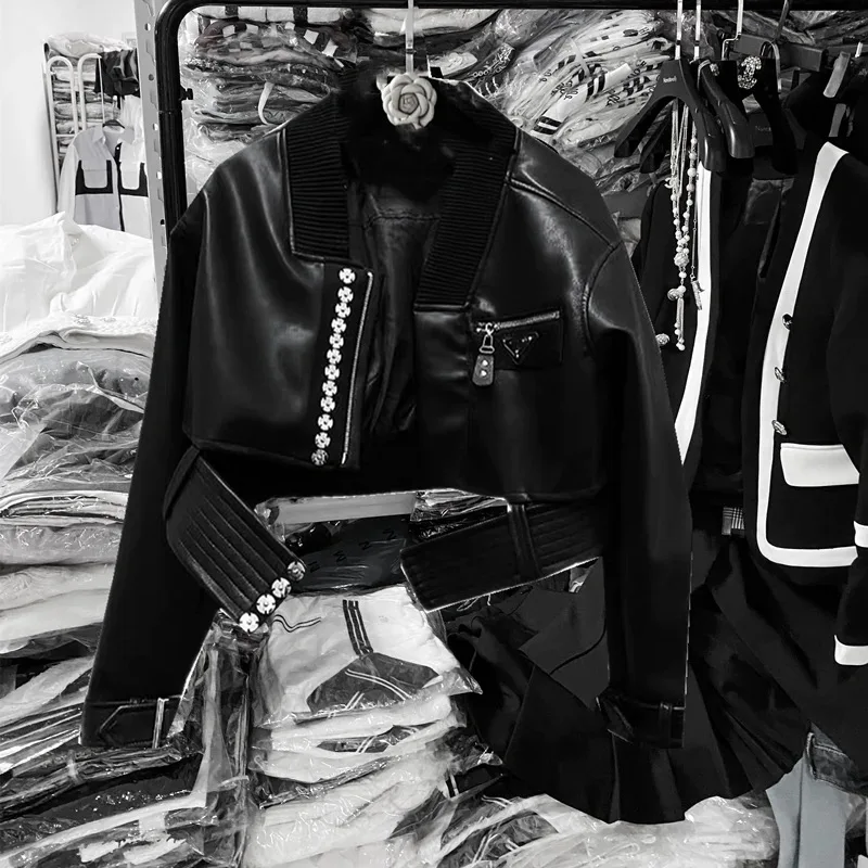 LXUNYI Autumn New Black Short PU Leather Jacket Female Oversize personality Fashion Long Sleeve Motorcycle jackets Woman Coat