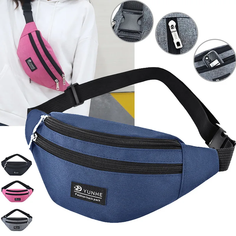 

Waist Bag Women Three Zipper Pocket Fashion Men Chest Handbag Unisex Fanny Pack Ladies Pink Waist Pack Belly Bags Purse