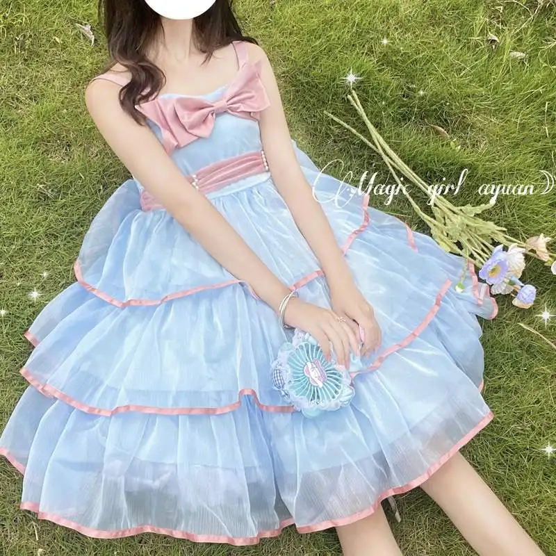 

Japanese Summer Sweet Girly Lolita Dress Soft Girl Sleeveless Straps Kawaii Bow Ruffles Party Dress Princess JSK Tiered Dress