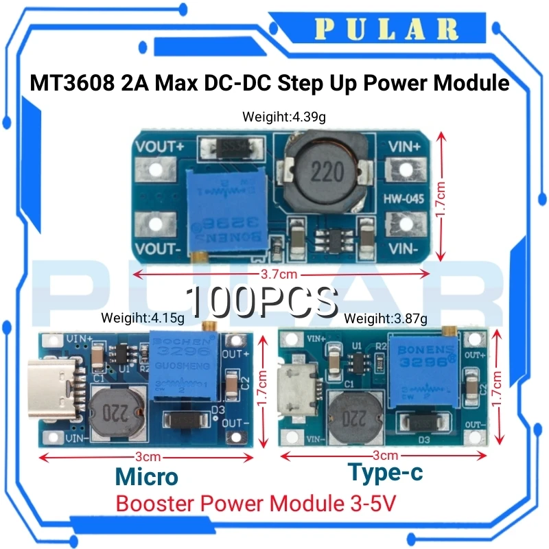 100 шт. Повышающий Модуль питания MT3608 макс. 2 А модуль PLR от 3-5 в до 5 В/9 В/12 В/24 В