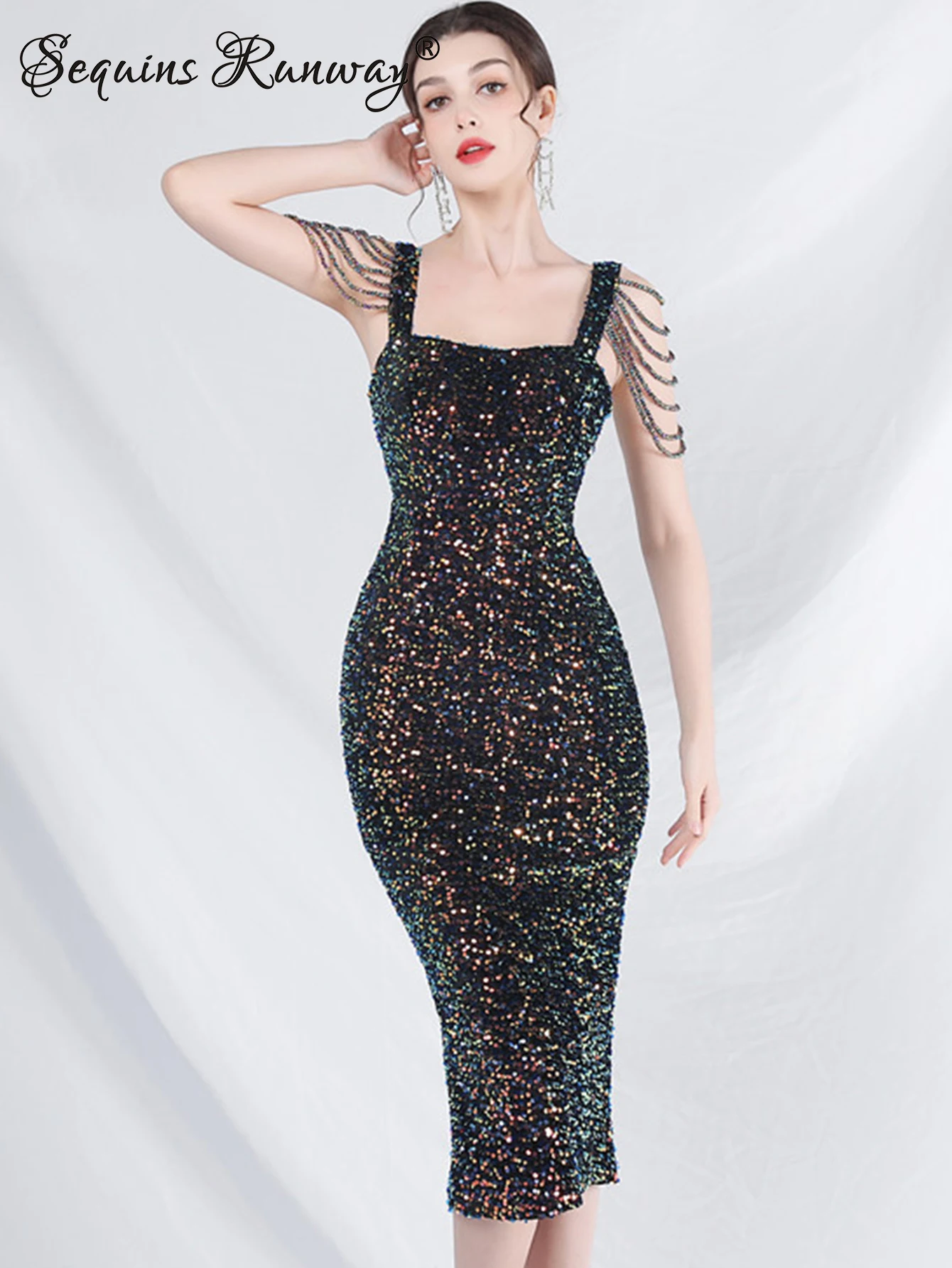 Женское летнее платье с открытой спиной Черное длинное блестками Роскошные