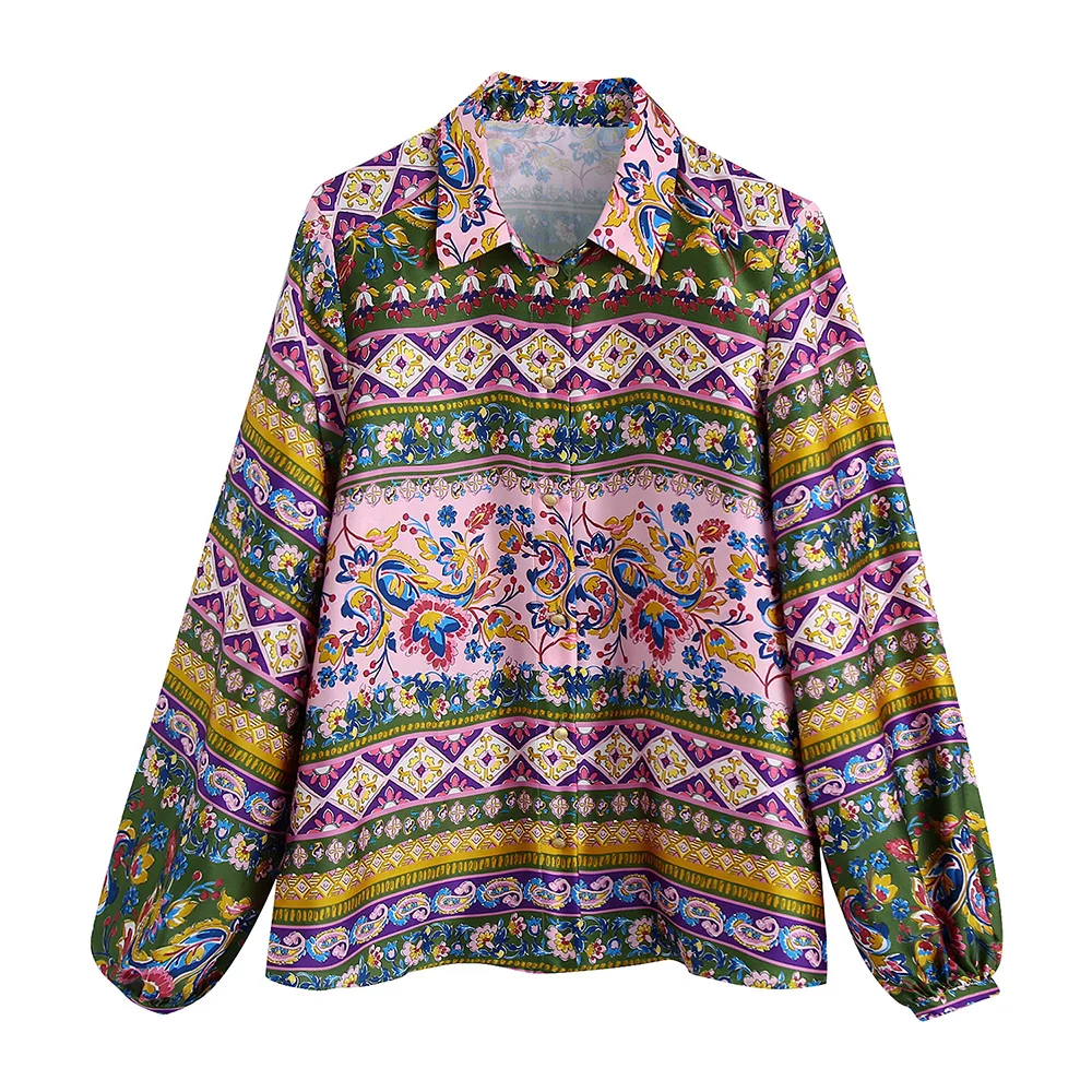 

Tops Women 2022 Bohemian Vintage Print Shirt Boho Clothing Lapel Collar Long Sleeve Golden Button Up Womens Blouses And Shirts
