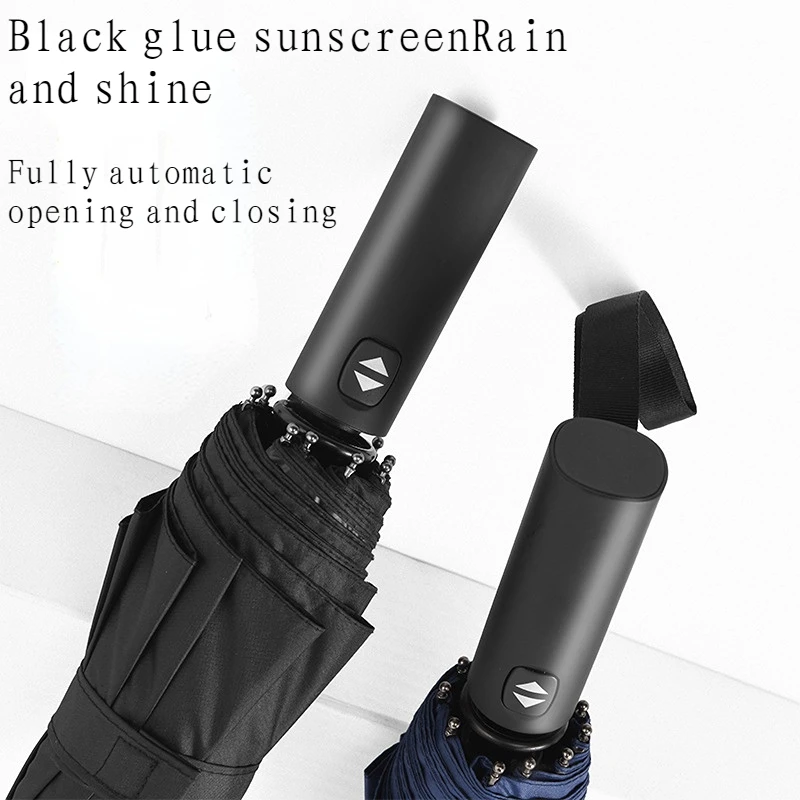 

210T 10 Ribs Fully Automatic Folding Black Rubber Business Umbrella with Three Folds Sunny and Rainy Umbrella