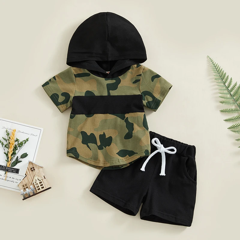 

2023-01-07 Lioraitiin 0-3Years Infant Boys 2Pcs Summer Clothes Outfits Camouflage Patchwork Short Sleeve Hooded Tops Shorts