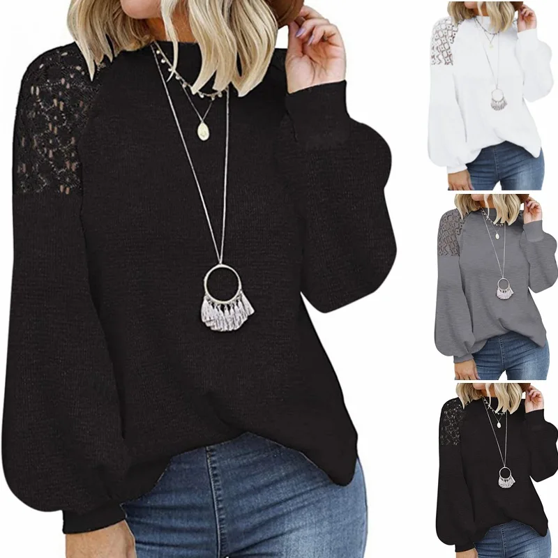 

2022 Women T Shirt Round Neck T Shirtsplicing Lace Long Sleeve T Shirt Loose Casual Solid T Shirt Top
