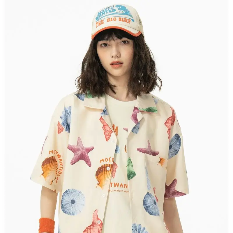 

Couples Cute Colorful Shell Cartoon Shirts Fashion Hawaii Beach Button Up Blouses Summer Short Sleeve Tops Loose Casual Harajuku