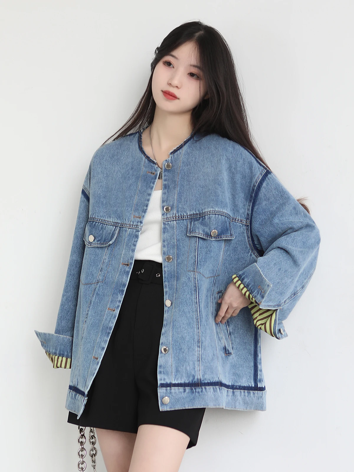 [Скидка 30% на новые товары .8] Весенняя новая свободная джинсовая куртка в полоску