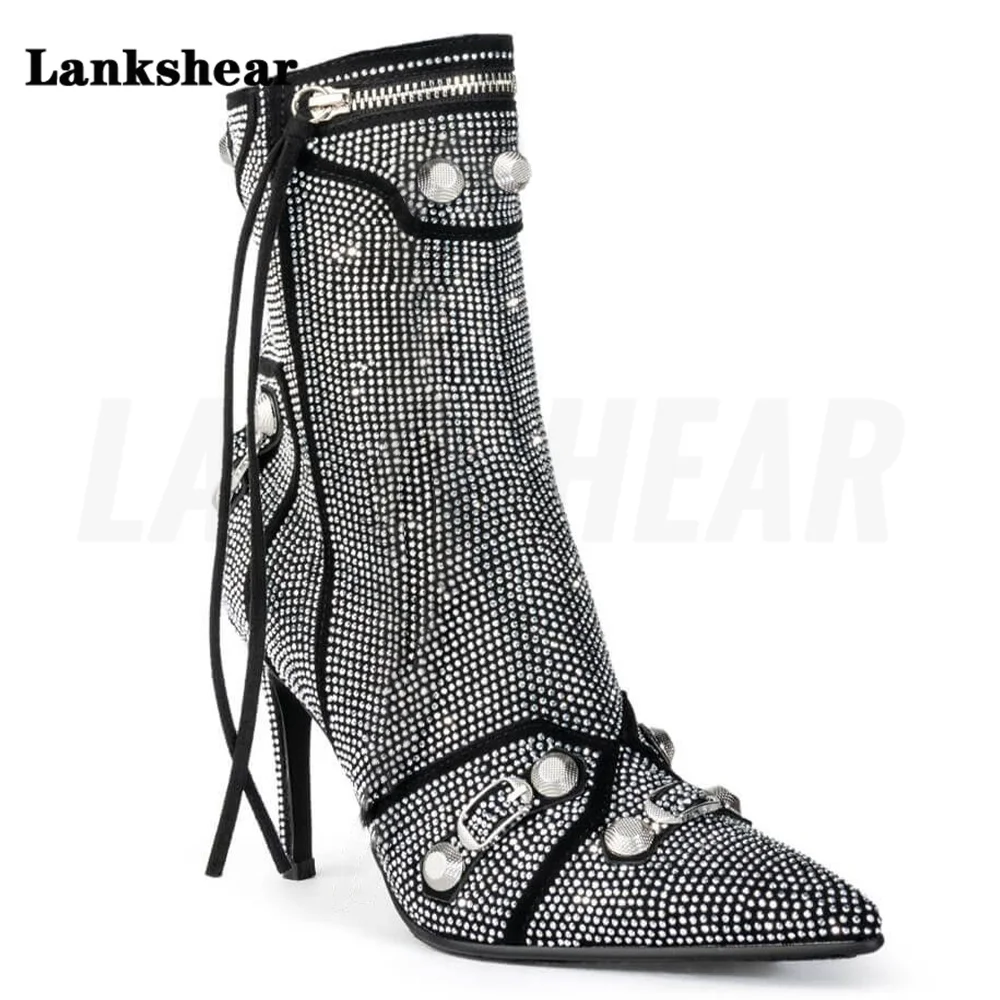 Women Pointed Stiletto Rivet Pin Buckle Rhinestone Boots Super High Heel Side Zipper Large Size Short Boots High Heels Boots