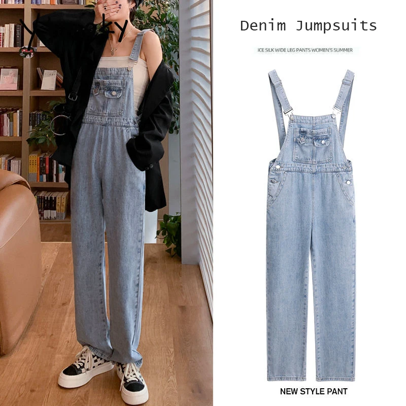 

Yitimoky 2022 Spring Korean Loose Denim Jumpsuits Women Streetwear High Waist Blue Cusual Pants Straight Pants Elegant Ladies