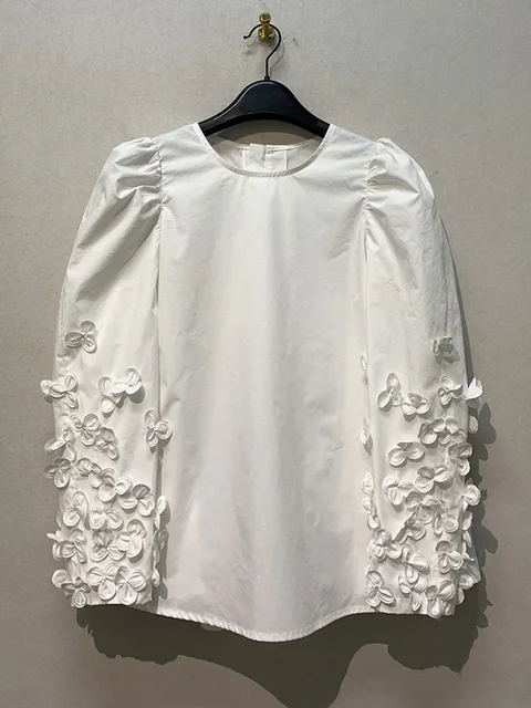 LANMREM Casual Blouse For Women Spliced Flower Round Neck Long Sleeves Designer Tops Female Clothing 2023 Spring New 2YA1888 4