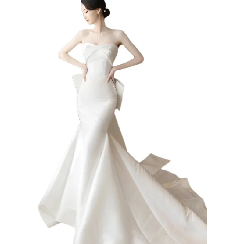 

New Strapless Elegant Soft Satin Mermaid Simple Journey Sweep Train Sleeveless Backless Corset 웨딩드레스 Wedding Dress Gown Bridal