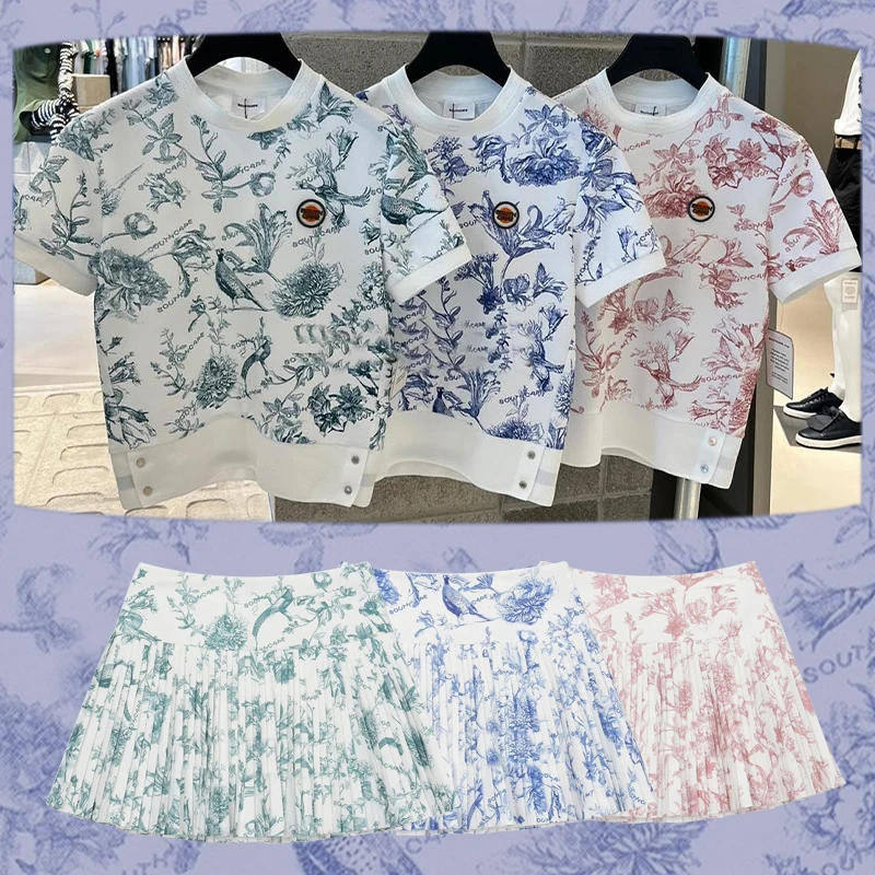 

Women's Golf Apparel 23 Set Printed Short Sleeved T-shirt Pleated Short Skirt Anti Glare Fashion Trend Skirt