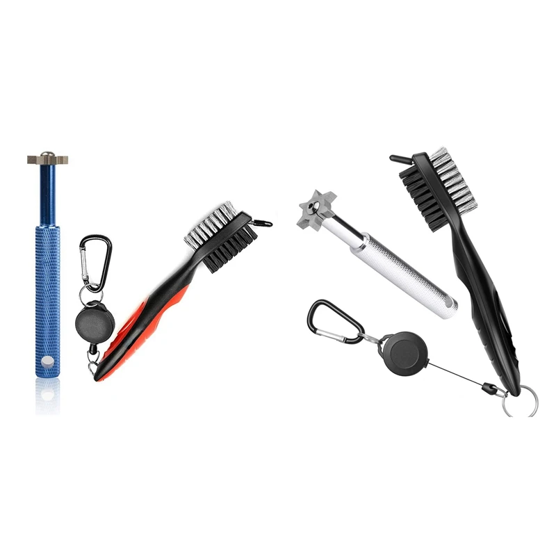 

2Pcs Golf Groove Sharpener Tool Golf Club Groove Sharpener And Retractable Golf Club Brush - Silver + Black & Blue + Red