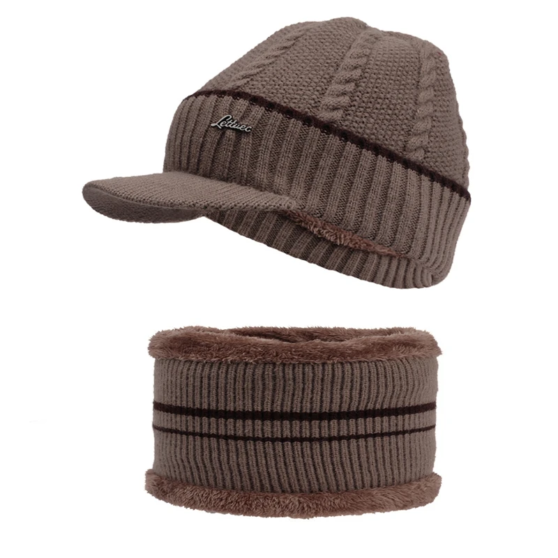 

1set Men Women's Winter Warm Hat Neck Scarf Set Thick Fleece Lined Knit Skull Cap Visor Cap Fashion Plush Knitted Hats For Girl