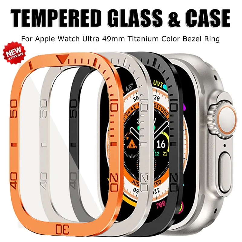 

Защита экрана для Apple Watch Ultra 49 мм, аксессуары для телефона, металлический корпус + закаленное стекло для iWatch 49, титановое кольцо