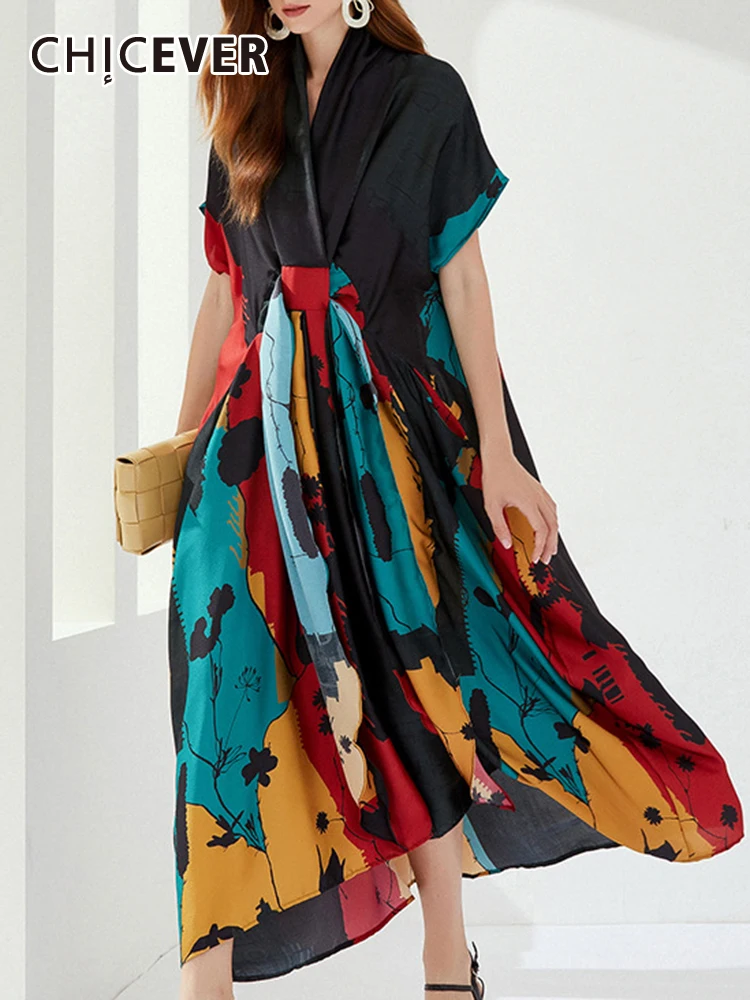 

CHICEVER Colorblock Midi Dresses For Women V Neck Short Sleeve High Waist Tunic Folds Print Loose Bandage Dress Female Summer