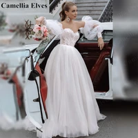 elegant applique tulle a line wedding dresses for women detachable puff sleeve bride dress backless bridal gown vestido de novia
