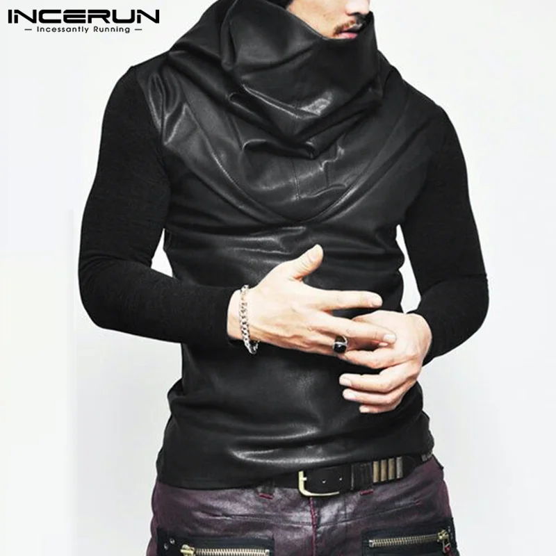 

INCERUN Tops 2023 New Men Korean Style High-collar Splicing PU Leather Camiseta Fashion Casual Male Long-sleeved T-shirts S-5XL