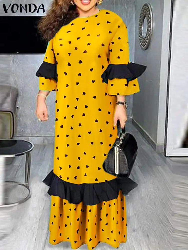 

VONDA Yellow Maxi Dress Women For 2022 Vintage 3/4 Sleeve Heart Printed Pleated Dress Puff Sleeve Holiday Vestido Femininas Robe