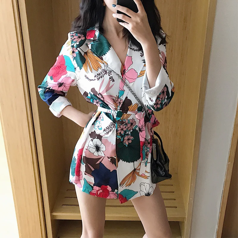 Multicolor Forest Printed Blazer with Bandage Women Mid-Length Single Breasted Suit Summer Indie Fashion Casual Office Blazer OL