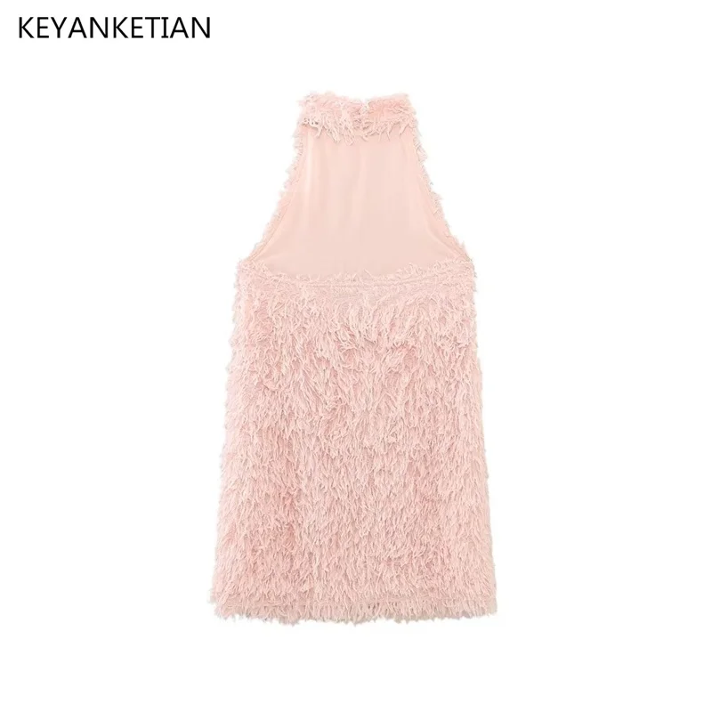 

KEYANKETIAN Summer New Feather Tassel Decoration Hanging Neck Backless Slim Dress Sweet Wind Pink Sleeveless Mini Skirt