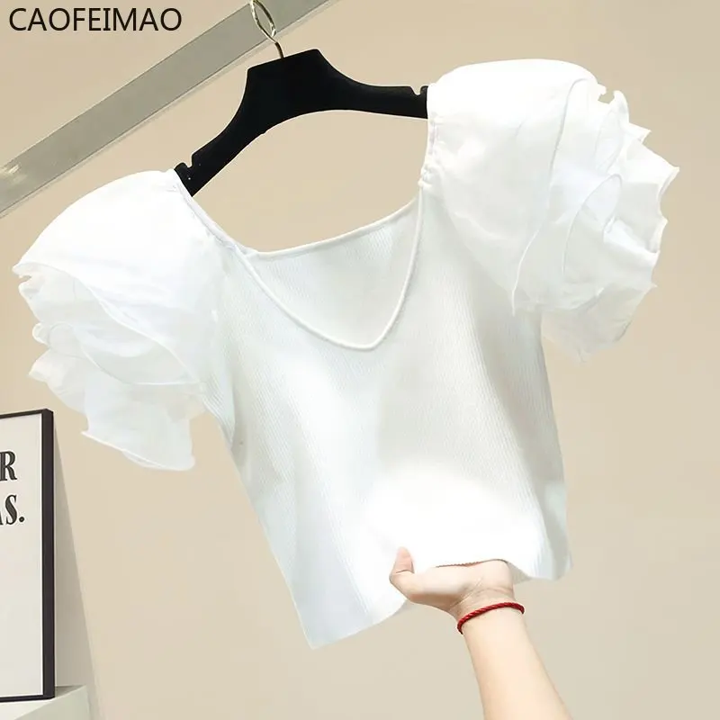 

Caofeimao 2023 Summer Women's Slim Fitting T-shirt with Ruffled V-neck Retro Sexy Short Sweet T-shirt Clothing shirt for Women