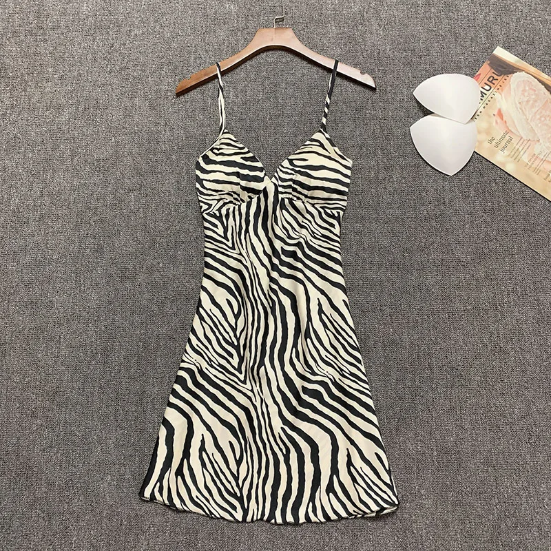 Women Cotton Sleepwear Casual Zebra Sleep Sleeveless Dress Pajamas