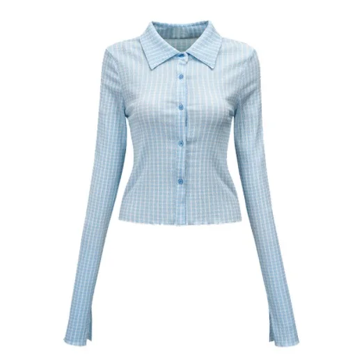 

2022NEW Plaid Print Cardigan Single Breasted Turn-down Collar Shirts Slim Long Sleeve Blouse Folds Casual Top Simple Women