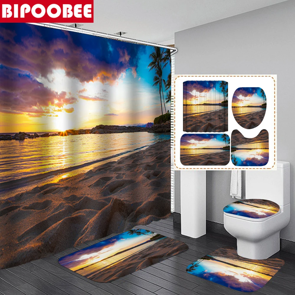 

Sunset Dusk Beach Print Shower Curtains 3D Ocean Sea Scenery Bathroom Mat Pedestal Rug Toilet Cover Non-slip Bath Carpet