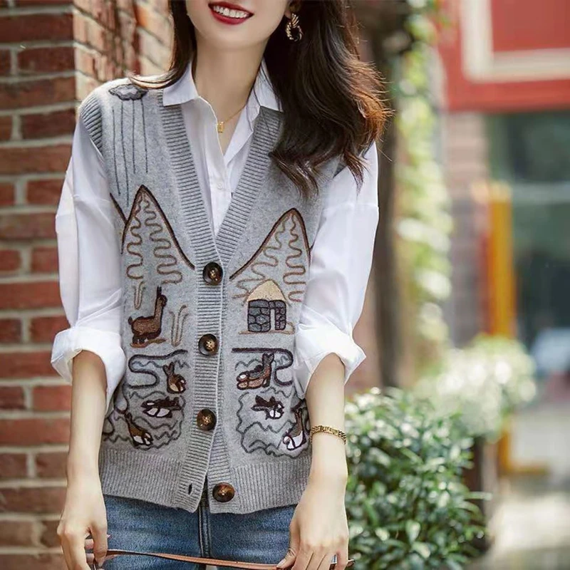 

Woman Vest Spring Autumn Korean Cardiagn Sleeveless Single-Breasted Women's Jackets Print Vests V-Neck All-match Female Coats