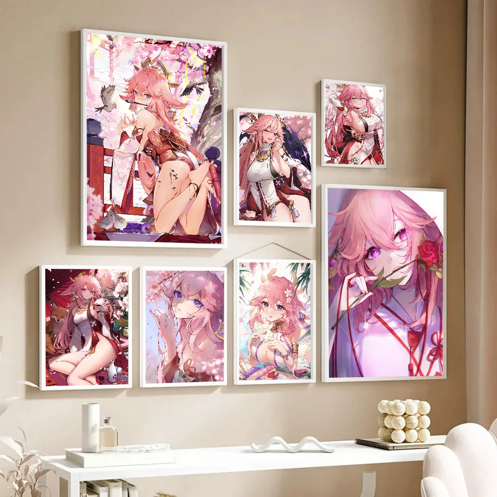 Игра аниме Genshin Impact Yae Miko постеры наклейки для гостиной спальни входа кафе