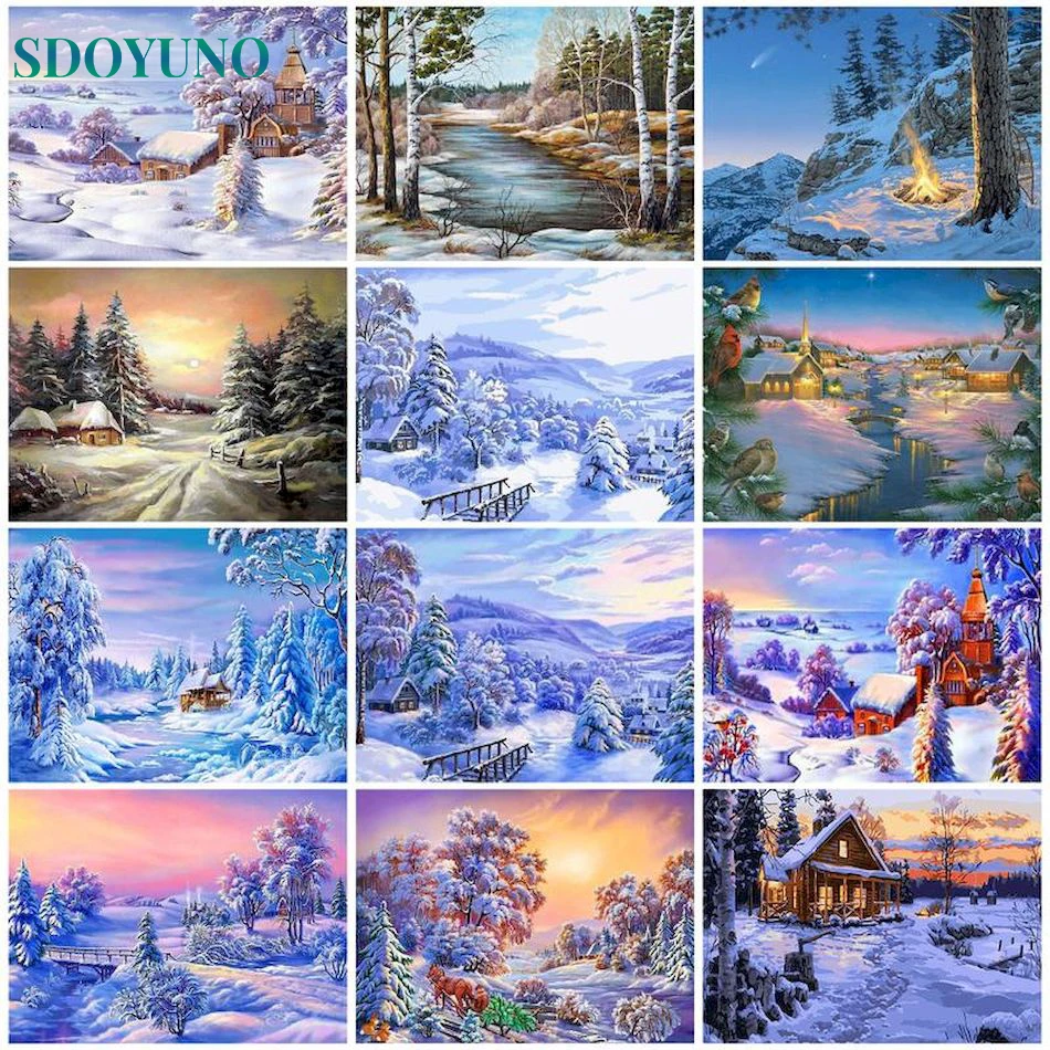 

SDOYUNO DIY Oil Painting By Numbers Painti Unpack Winter Handpainted Gift Coloring By Numbers Kit Landscape Home Wall Decor