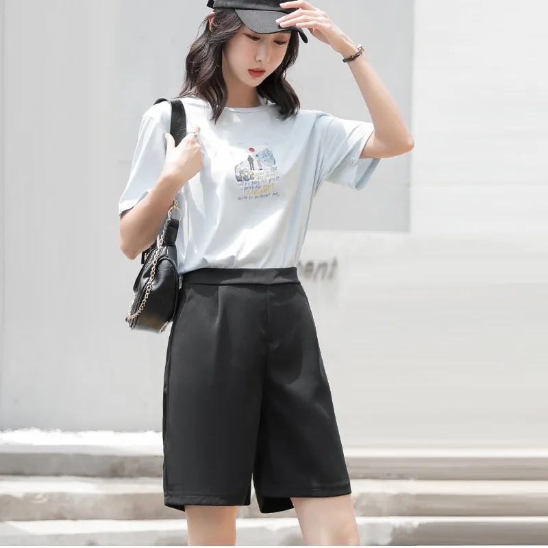 Suit Half Pants Elegant Capris Women Elastic Waist Short Wide Leg Trousers Summer Casual Loose Knee Length Pants 4XL