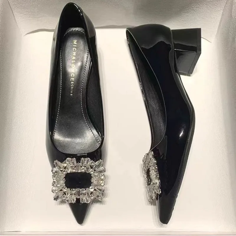 Женские туфли на грубом каблуке осенние новые с острым носком и неглубоким со