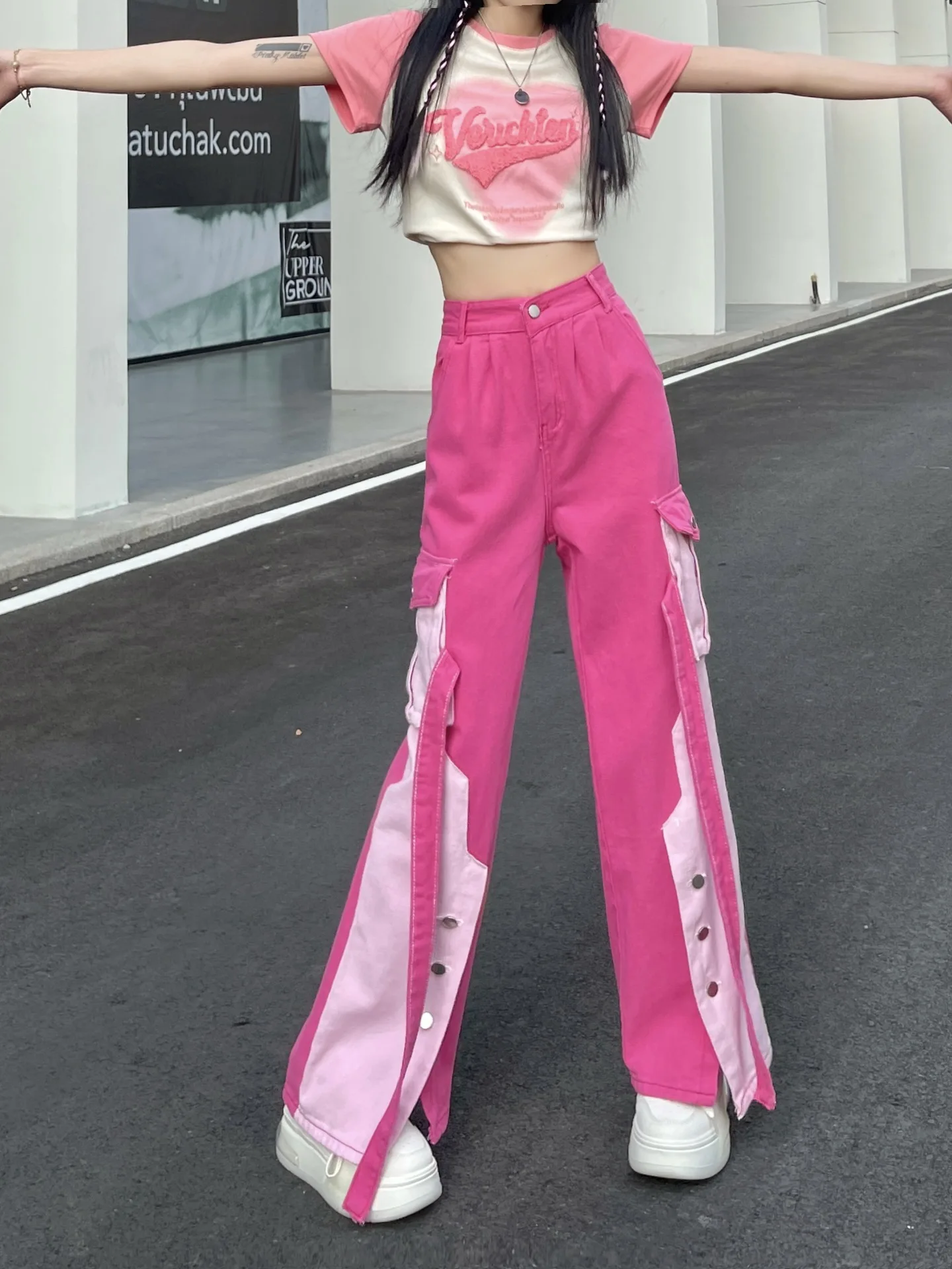 

Korean Pink Patchwork Contrast Color Jeans Women Summer Lightweight High Waist Wide Leg Loose Cargo Pants Sweet Y2k Aesthetic