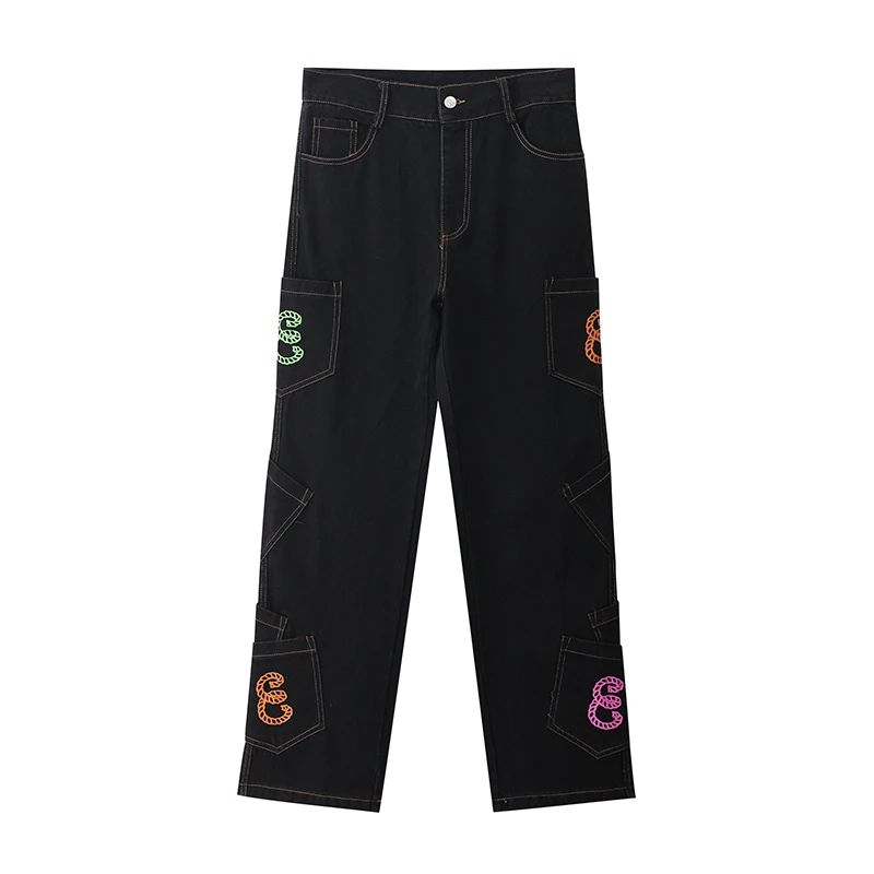 

Kanye West Retro Pocket Letter Print Straight Cargo Pants Men Women Oversized Jeans Harajuku Streetwear Casual Denim Trousers