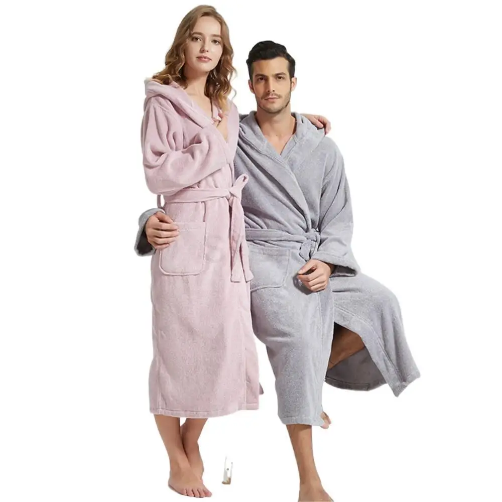 Men Bathrobe Hooded 100% Cotton Thick Warm Towel Fleece Cotton Dressing Gowns Long Bath Robe Hotel Spa Soft Bridesmaid Robe