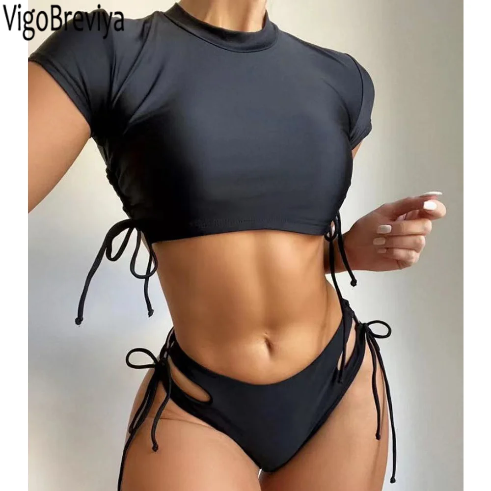 

VigoBreviya 2023 Solid Short Sleeve Swimwear Women Sexy High Cut Tied Hollow Bikini Push Up Swimsuit Summer Beach Bathing Suit