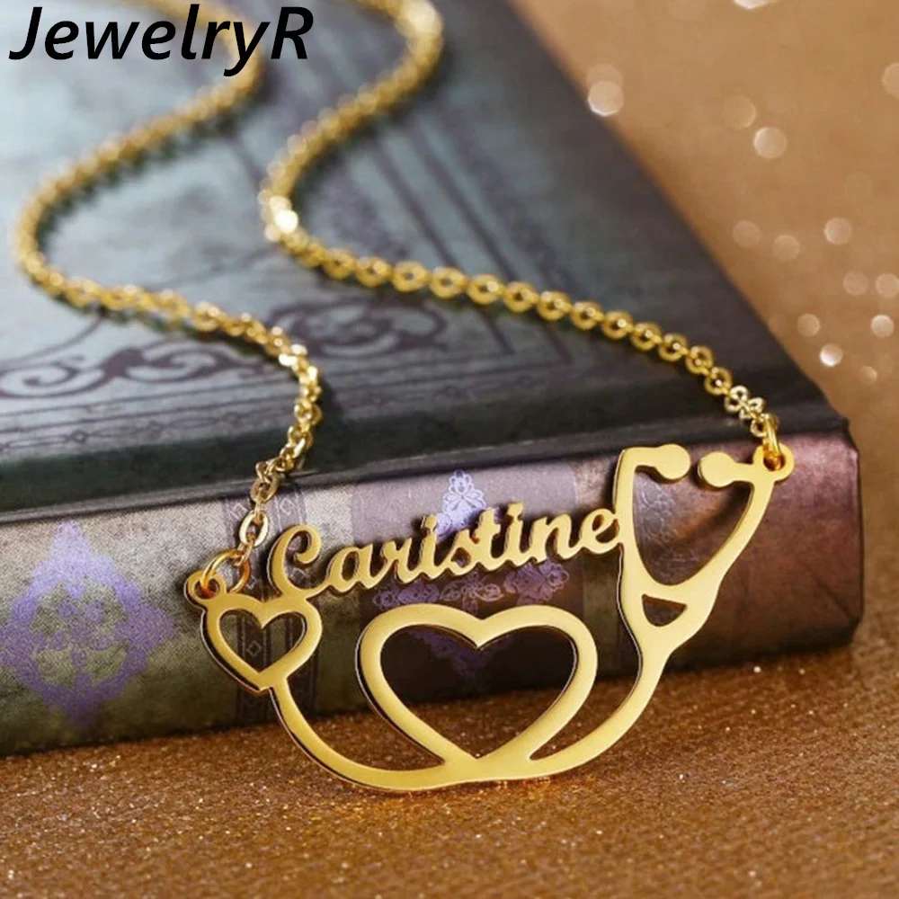 

Jewelry Custom Name Necklace Personlity Stethoscope And Heart Pendant Stainless Steel Jewelry Women Doctor Nurse Birthday Gift