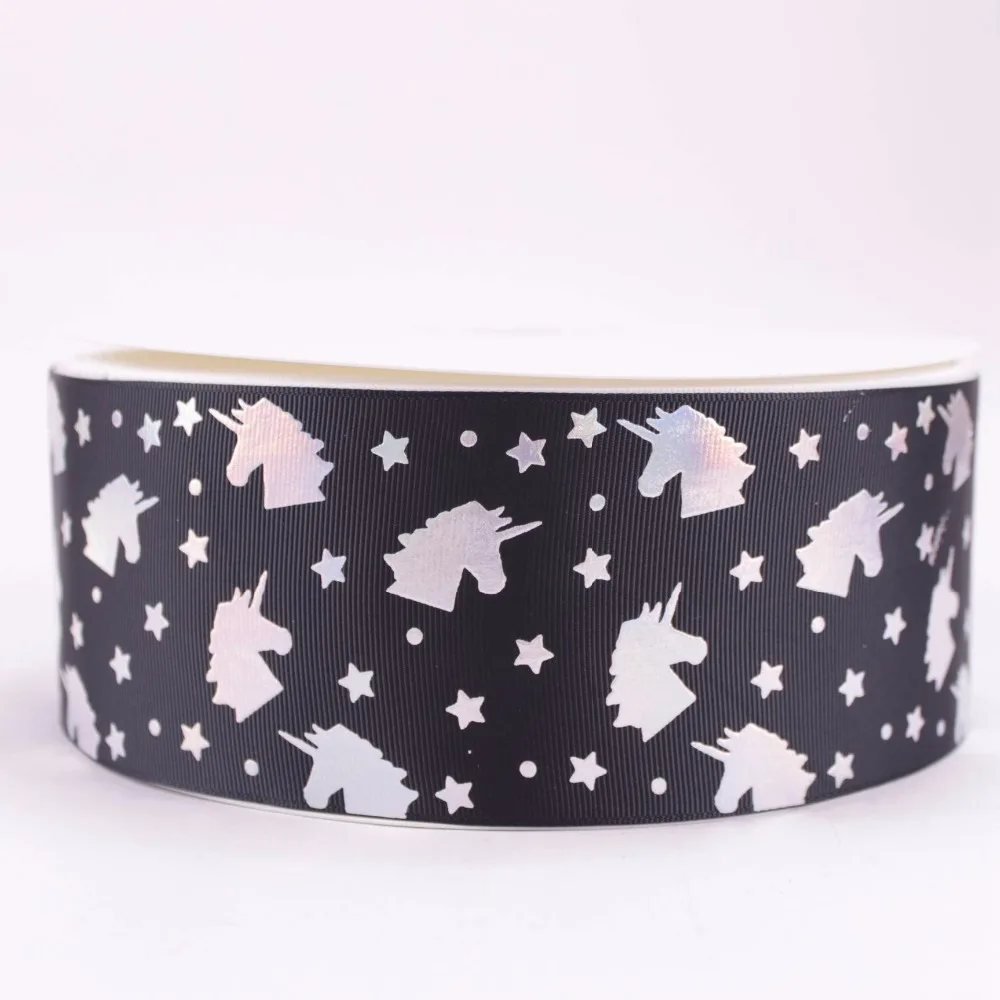 

3"75mm Sparkle Silver Foil Unicorn Head Printed Grosgrain Ribbon For DIY Accessaries 10Yards