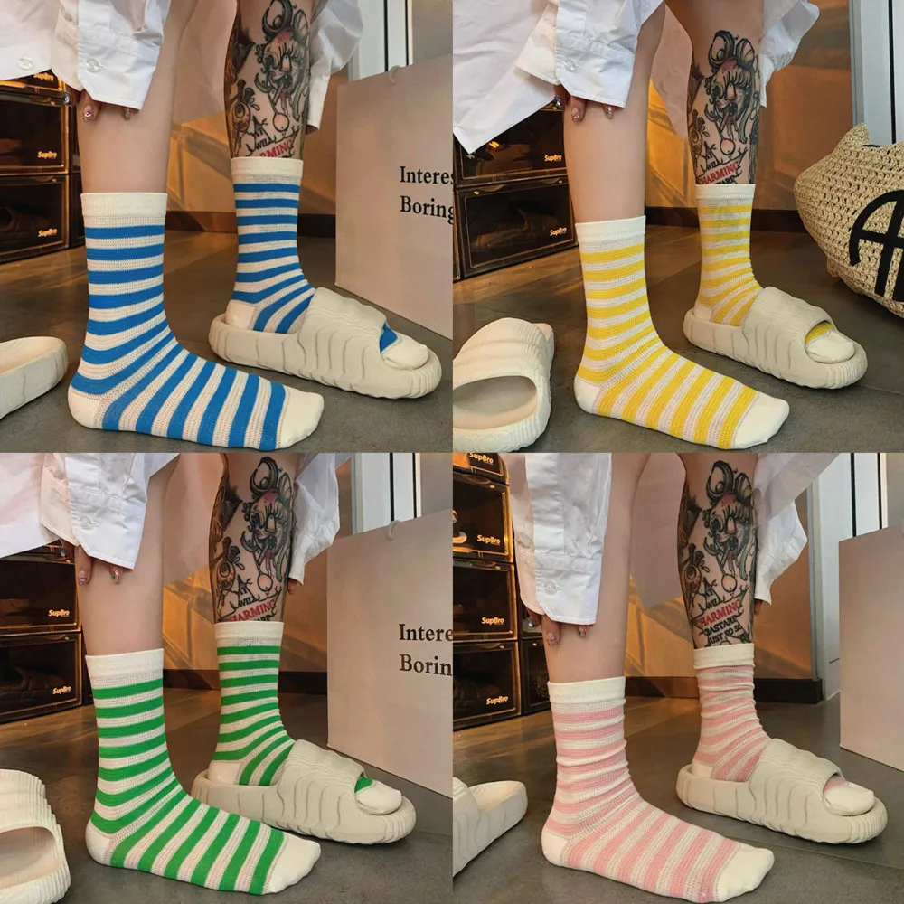 

Сетчатые дышащие носки в полоску карамельного цвета, тонкие ажурные носки из чистого хлопка для мужчин и женщин на весну и лето