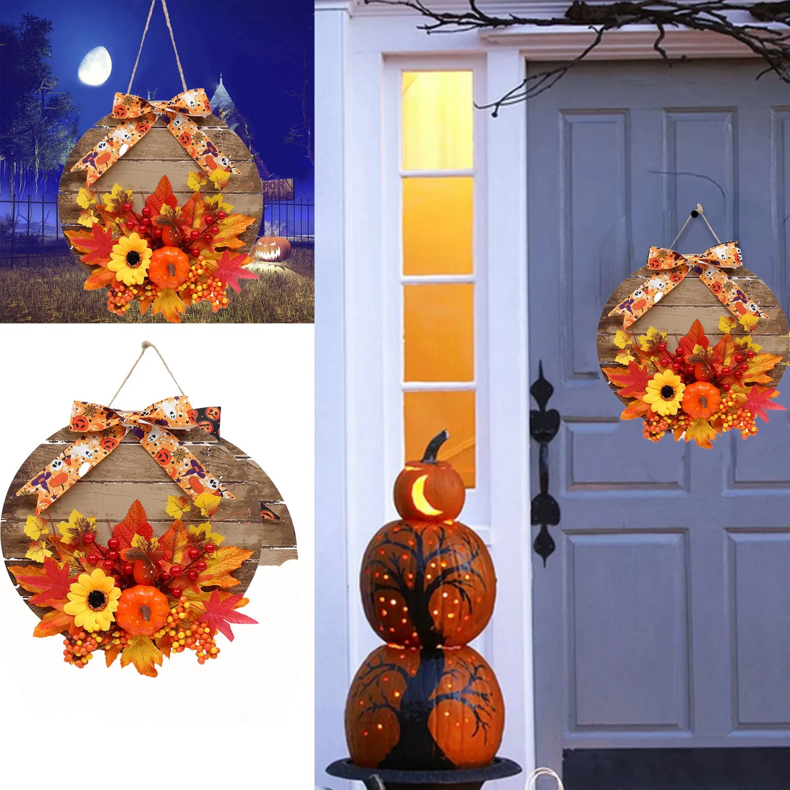 

Halloween Wreath Decorative Bow Maple Pumpkin Wall Hanging Thanksgiving Pendant