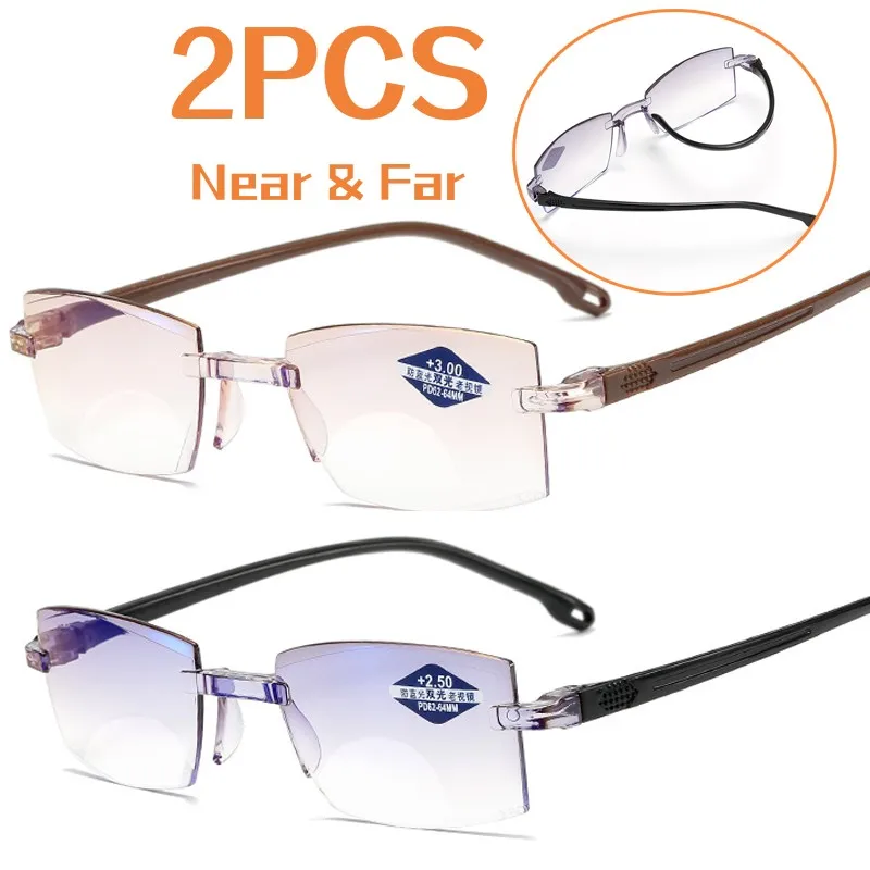 

2PCS Bifocal Near and Far Eyeglasses Fashion Ultralight Flexible Reading Glasses Men Women Retro Blue Light Blocking Eyewear