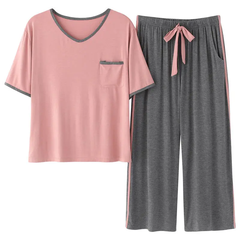 

Женские летние длинные брюки с коротким рукавом из модала и хлопка, тонкие укороченные брюки, контрастная Пижама для женщин среднего возрас...